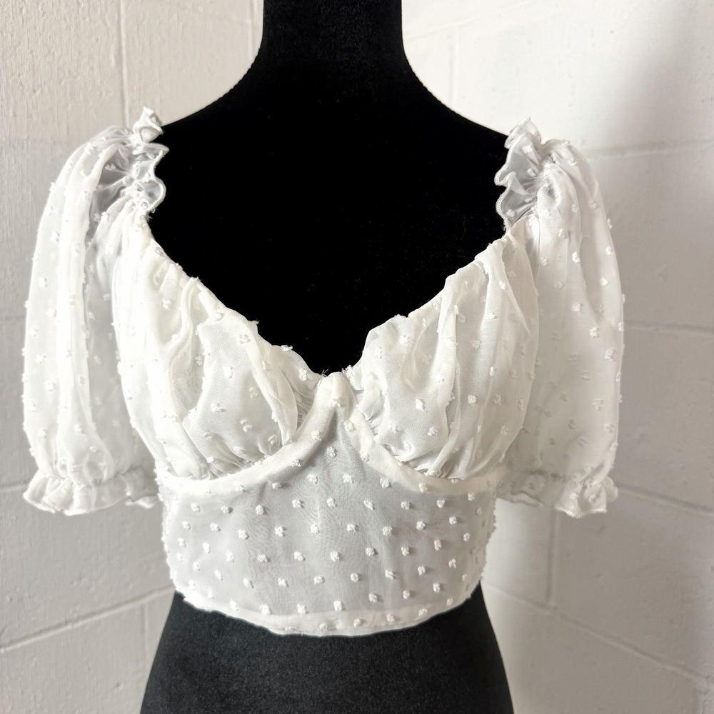 White Crop Top Ruffle Sheer Milkmaid Cottage Peasant Coquette Dainty Regency L